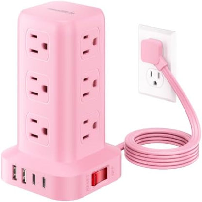 Extension Cord with Multiple Outlets, SMALLRT Power Strip Tower, Outlet Extender with 12 AC Outlets 4 USB, 6.5FT Extension Cord for Home Dorm Room, Office Supplies, Pink