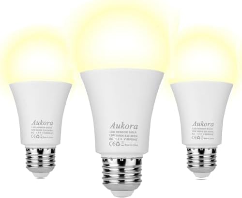 Dusk to Dawn Light Bulb, Aukora Smart Sensor LED Light Bulb, 12W (100-Watt Equivalent), 3000Kelvin, E26 Base Automatic On/Off Led Bulb Outdoor/Indoor for Porch Garage Patio Garden(Warm White, 3 Pack)