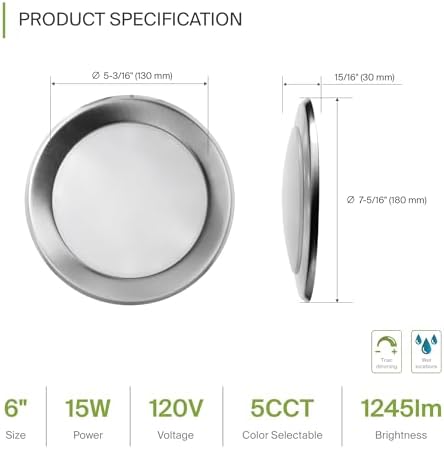 ASD 1 Pack Nickel LED Disk Lights 6 Inch, 5CCT Flush Mount Ceiling Light