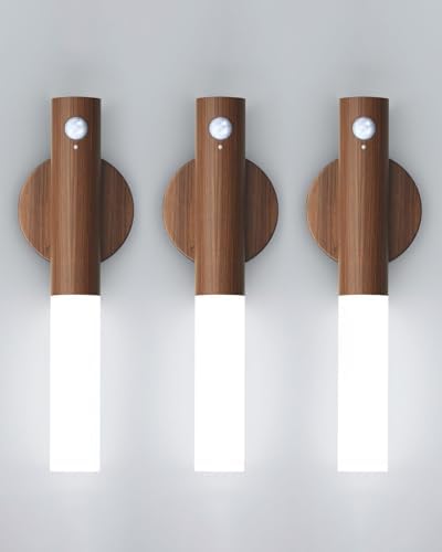 iThird Battery-Operated Wall Sconce Wall Lights: 2200mAh Rechargeable Motion Sensor Magnetic Wireless Stairway Lights Portable Hallway Light Wooden Wall Lighting for Bedroom Stair(White Light)