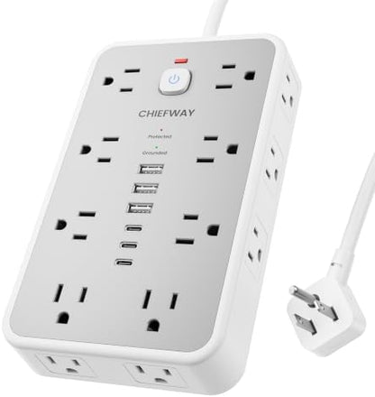 20 FT Surge Protector Power Strip with 6 USB, 16 Outlets, 2400J
