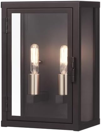 Globe Electric 60000131 2-Light Outdoor Wall Sconce, Dark Bronze, Matte Brass Accents, Weatherproof Glass Door Closure