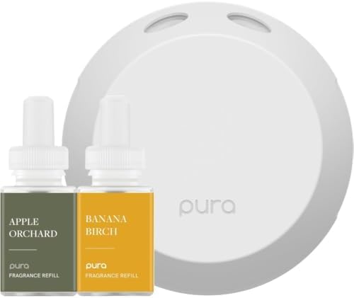 Pura - Smart Home Fragrance Device Starter Set - Pura 4 - Scent Diffuser for Home - Includes Fragrance Aroma Diffuser - Square Box, Apple Orchards and Banana Birch Scent Refills