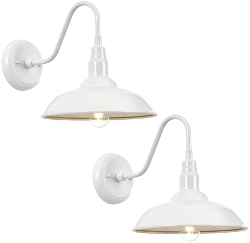 Outdoor Gooseneck Barn Light Fixture with Wall Mount, 10'' Diameter White Exterior Waterproof Wall Lantern for Porch, Farmhouse Wall Sconce, 2 Pack, LM2201-WH-2P