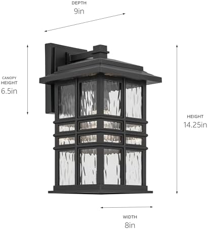 Kichler Beacon Square 14.25" 1-Light Outdoor Wall Light with Clear Hammered Glass in Textured Black, for Exterior Doors, Garage, Porch, or Patio (14.25" x 8"), 49830BKT