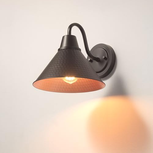 Globe Electric 60000013 1-Light Outdoor Wall Sconce, Bronze, 9" Warehouse Shade, Painted Gold Interior, Gooseneck Stem, Porch Light, Wall Lighting, Patio Décor