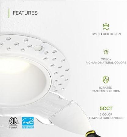 ASD 2 Inch Trimless LED Recessed Ceiling Light Fixture, Mud-in Canless Downlight with Junction Box, 5CCT Selectable 2700K-5000K, 15W 1029 Lumens, CRI90+, Anti-Glare, Dimmable, IC & Wet Rated, ETL