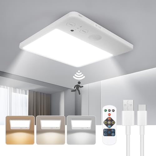 Rechargeable Motion Sensor LED Ceiling Light, Remote Wireless Fixture, 3 Color Temperatures, Dimmable for Shower, Bathroom, Closet, Pantry, Stairs, Garage, White