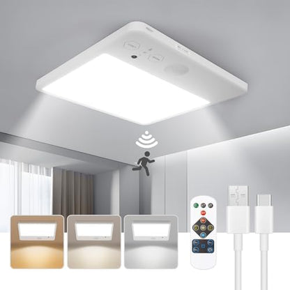 Rechargeable Motion Sensor LED Ceiling Light, Remote Wireless Fixture, 3 Color Temperatures, Dimmable for Shower, Bathroom, Closet, Pantry, Stairs, Garage, White
