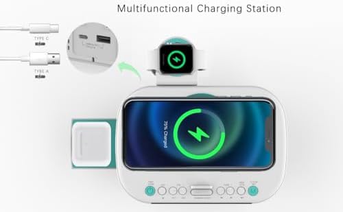 Emerson CKSW5010 Smartset Wireless Charging, Dual Alarm FM Clock, Bluetooth Radio/Speaker, 15W for Ultra-Fast Charging, 3W Retractable Port for Air Pods, White