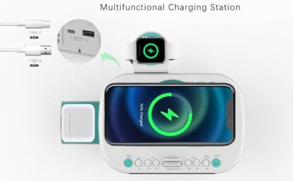Emerson CKSW5010 Smartset Wireless Charging, Dual Alarm FM Clock, Bluetooth Radio/Speaker, 15W for Ultra-Fast Charging, 3W Retractable Port for Air Pods, White