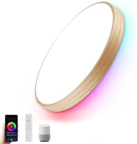 Smart WiFi LED Ceiling Light 12" Modern Wood Flush Mount with Remote