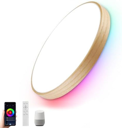 Smart WiFi LED Ceiling Light 12" Modern Wood Flush Mount with Remote