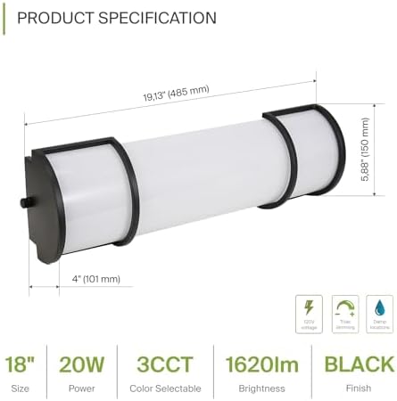 ASD LED 18" Vanity Flush Mount Light Fixture, Linear Bathroom Lighting Bar | 3CCT, Dimmable, Energy Star, ETL Listed | 20W 1650LM 3000-5000K 120V | Long Bath Wall Sconce Over Mirror | Black, 4 Pack