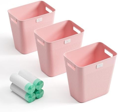 JOYMOOP Slim Trash Can 3-Pack, 2.2 Gallon Plastic Wastebasket for Bathroom, Bedroom, Office, Kitchen with 4 Rolls Bags, Pink