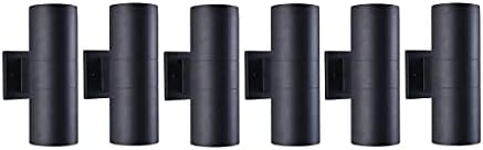 mirrea Modern Outdoor Porch Light Patio Light in 2 Lights with Matte Black Aluminum Cylinder and Tempered Glass Cover Waterproof Wall Sconce 6 Pack