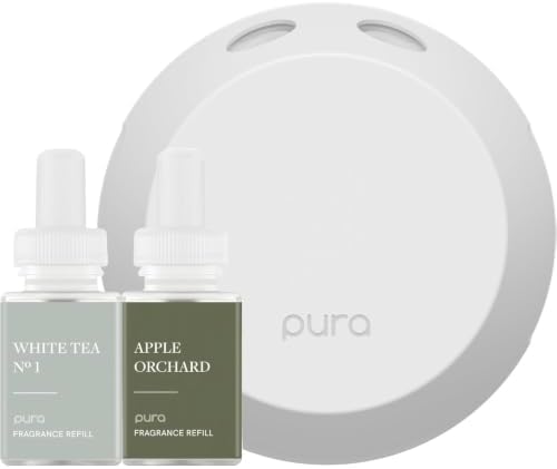 Pura - Smart Home Fragrance Device Starter Set - Pura 4 - Scent Diffuser for Home - Includes Fragrance Aroma Diffuser - Square Box, White Tea No. 1 and Apple Orchards Scent Refills
