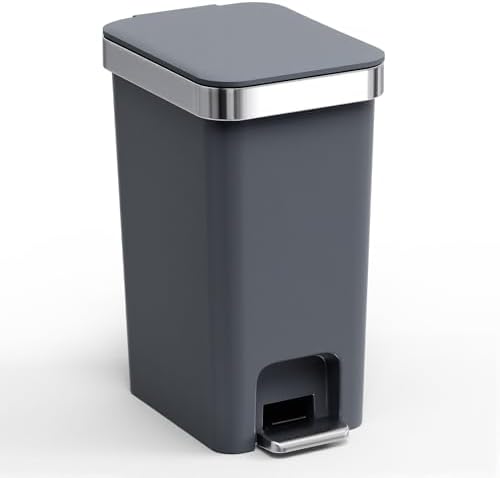 Bathroom Trash Can with Lid, 2.6 Gallon /10 Liter Small Garbage Can, Press Top Bin & Step Metal Pedal Trash Bin Plastic Wastebasket for Bedroom, Office, Kitchen, Dorm (Black Gray)