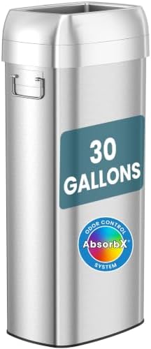 iTouchless 30 Gallon 114L Oval Open Top Stainless Steel Extra-Large Commercial Trash Can with Wheels, 2 AbsorbX Odor Filters | ADA Compliant Bin for Restaurant Restroom Hotel Office Healthcare Retail