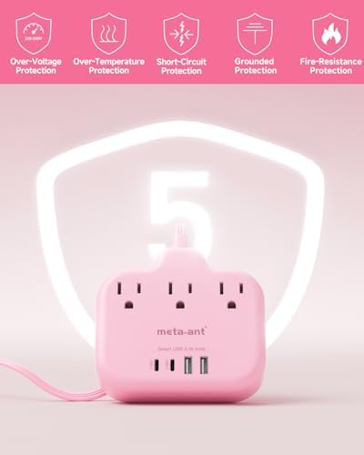 Pink Extension Cord with 3 AC Outlets & 4 USB Ports (2 USB-C), Pink Desk Accessories, 1625W Cute Extension Cord for Travel Curise Kawaii Desk Office Bedroom Accessories