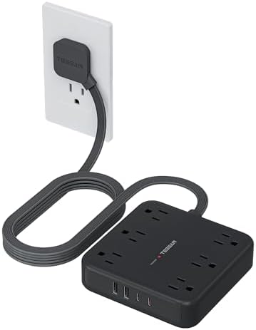 TESSAN Surge Protector Power Strip, 10Ft Flat Plug Extension Cord, Black