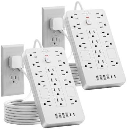 JouleLoom 2 Pack Surge Protector Power Strip-14 Outlets and 6 USB Ports, 6 Feet Flat Plug Extension Cord, 1850 Joules, White, ETL Listed for Home, Office, Dorm Room