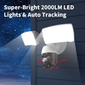 PTZ Security Camera with Floodlight, 360° Auto Tracking 1080P, 2500 Lumens, Color Night Vision, Weatherproof, 90dB Siren, Includes 64GB TF Card & Plug-in Adapter