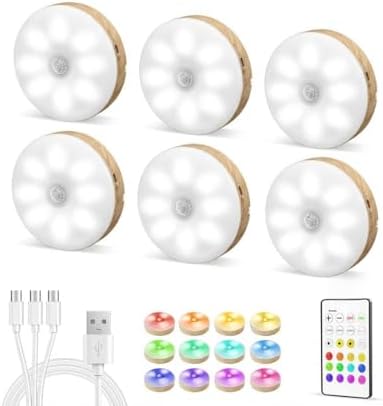 EZVALO Under Cabinet Lighting, 1000mAh Rechargeable Puck Lights with Remote, 3 Color Temps & 12 RGB Motion Sensor Closet Lights Indoor, Dimmable Under Counter Lights for Kitchen (Wood Grain, 6 Packs)