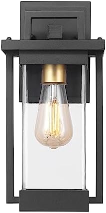 Globe Electric 60000028 1-Light Outdoor Wall Sconce, Matte Black, Brass Accent, Clear Seeded Glass Shade, Weather Resistant, Front or Back Porch Decor, Modern Exterior Lighting, Patio Lights