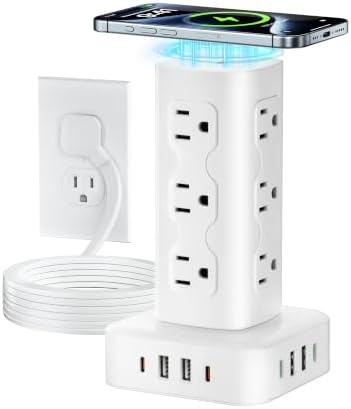 Power Strip Tower Surge Protector(2000J), PD65W Charging Station Tower with 12 AC Outlets & 8 USB Ports (4 USB C), 6FT Extension Cord for Home Office Dorm, White
