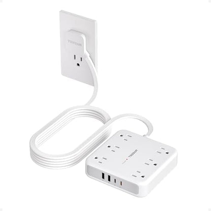 TESSAN Surge Protector Power Strip, 10Ft Flat Plug Extension Cord, Grey