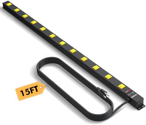 12 Outlet Industrial Long Power Strip Wide-Spaced Outlets with 15Ft Cord
