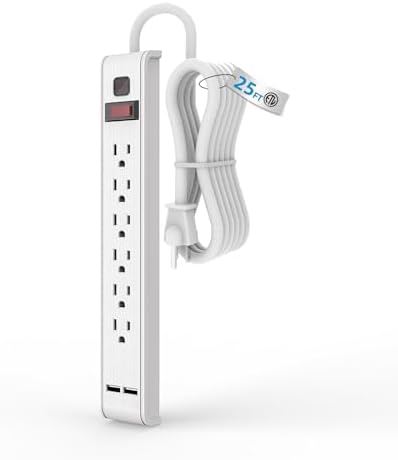 TiFFCOFiO Power Strip Surge Protector with 6 Outlets & 2 USB Ports (25 FT)