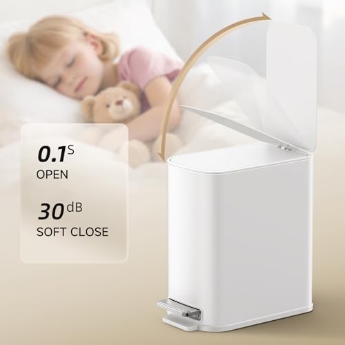 TIPGO Small Bathroom Trash Can with Lid Soft Close,1.3 Gallon, White