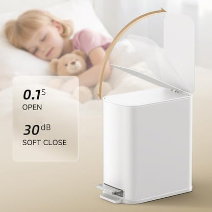 TIPGO Small Bathroom Trash Can with Lid Soft Close,1.3 Gallon, White