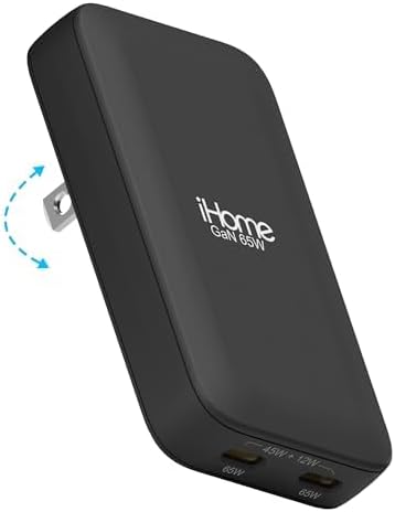 iHome GaN Universal Charger, USB C Block with Power Delivery, Folding Prongs, Travel Friendly, Compact for Phone, Tablet, and USB-C Devices (Black, 65W)