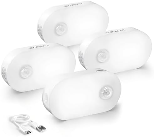 Lyridz Rechargeable Battery Night Light with Motion Sensor, Portable, Auto-Off, Dimmable for Bathroom, Bedroom, Kitchen, Stairs, Hallway, Pets, Travel, 4-Pack, Cool White