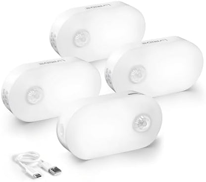 Lyridz Rechargeable Battery Night Light with Motion Sensor, Portable, Auto-Off, Dimmable for Bathroom, Bedroom, Kitchen, Stairs, Hallway, Pets, Travel, 4-Pack, Cool White