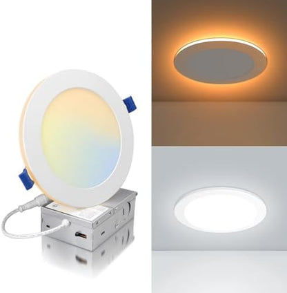 ECOELER 6 Inch 5CCT LED Recessed Ceiling Light with Night Light, 12W 1050Lm Slim Canless Wafer Downlight, Dimmable & 5 Color Selectable Recessed Lighting, ETL&FCC Listed