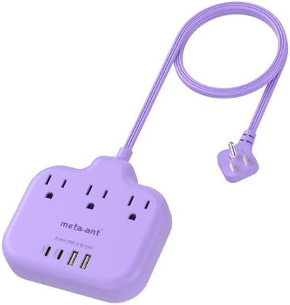 Purple Extension Cord with 3 AC Outlets and 4 USB(2 USB-C) Ports, 1625W Purple Travel Power Strip, Cute Kawaii Desk Accessories forfor Travel Curise Office Dorm Kitchen