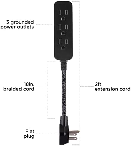 Cordinate Mini 3-Outlet Power Strip, 18 in Braided Extension Cord