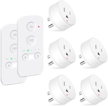 NineLeaf Remote Control Outlet, 500FT Plug in Light Switch, No Wi-Fi Programmable Timer Mini Socket, Easy Wireless On/Off Switch for Christmas Lights, Hard-to-Reach Appliances,2Remotes 5Outlets