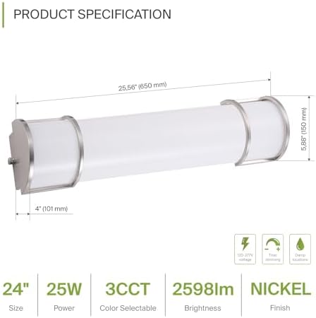 ASD LED 24" Vanity Flush Mount Light Fixture, Linear Bathroom Lighting Bar | 3CCT, Dimmable, ETL Listed | 25W 2600LM 3000-5000K 100-277V | Long Tube Bath Wall Sconce Over Mirror | Nickel