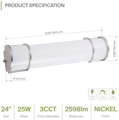 ASD LED 24" Vanity Flush Mount Light Fixture, Linear Bathroom Lighting Bar | 3CCT, Dimmable, ETL Listed | 25W 2600LM 3000-5000K 100-277V | Long Tube Bath Wall Sconce Over Mirror | Nickel