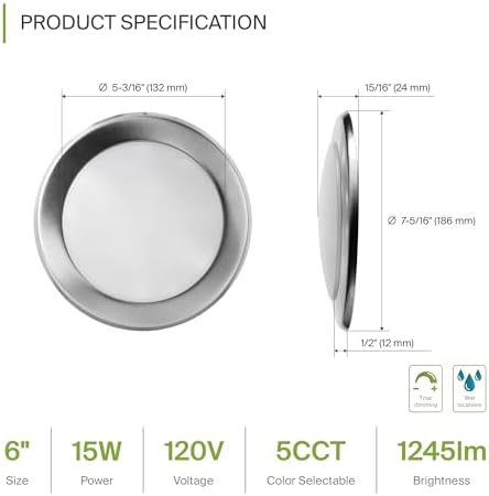 ASD 12 Pack Nickel LED Disk Lights 6 Inch, 5CCT Flush Mount Ceiling Light
