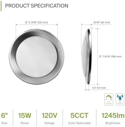 ASD 12 Pack Nickel LED Disk Lights 6 Inch, 5CCT Flush Mount Ceiling Light