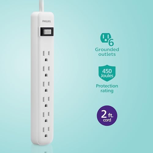 Philips Surge Protector Power Strip, 2 Ft Extension Cord