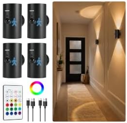 EZVALO Motion Sensor Wall Lights, Rechargeable Wall Sconce Battery Operated with Remote, 3 Color Temps & 12 RGB, Wireless Wall Light for Living Room, Hallway, Stairway (4 Pack, Black)