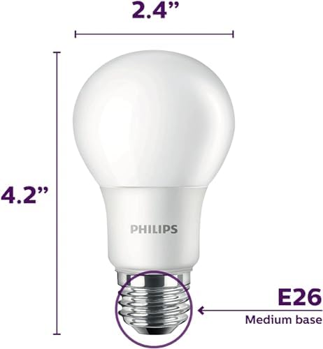 PHILIPS LED 60W A19 4-Pack Basic Soft White (2700K) 800 Lumen (10W = 60W) Frosted Flicker-Free Light Bulbs