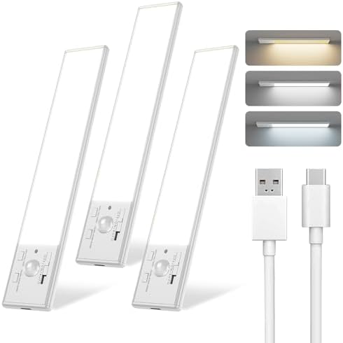 Under Cabinet Lighting, 12 Inch Motion Sensor Light Indoor, 1800mAh USB Rechargeable Closet Light, 3 Color Temperature Operable LED Lights, Can Be Used for Wardrobes, Cabinets, Stairs (3 Pack)